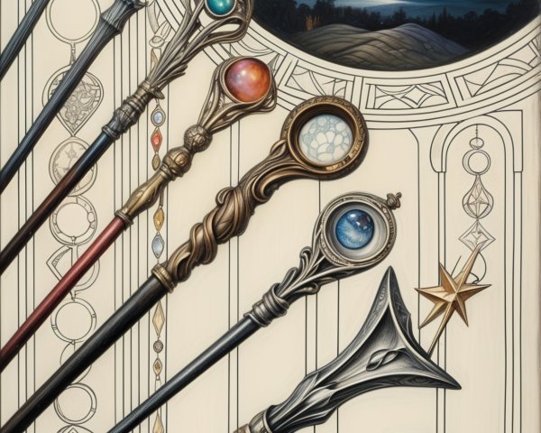 Ornate Wands Against Celestial Illustrated Backdrop