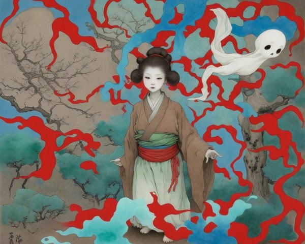 Young girl in traditional attire amidst swirling tendrils