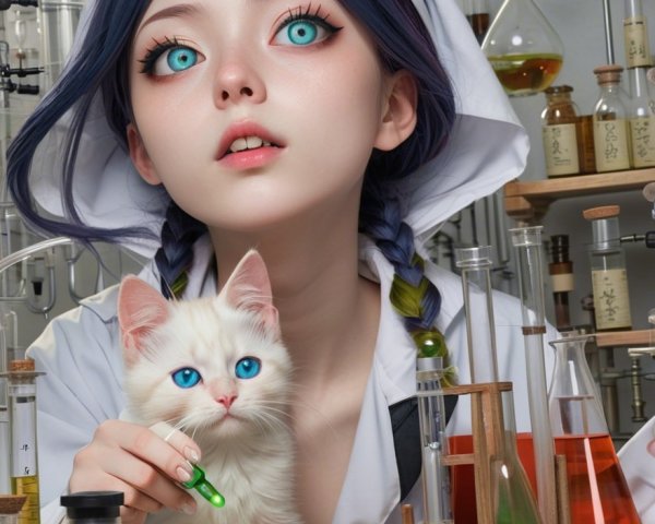 Young girl in lab coat with kitten and colorful glassware