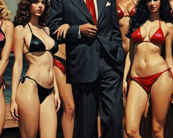 Dapper Man in Suit Among Women in Vintage Beach Scene
