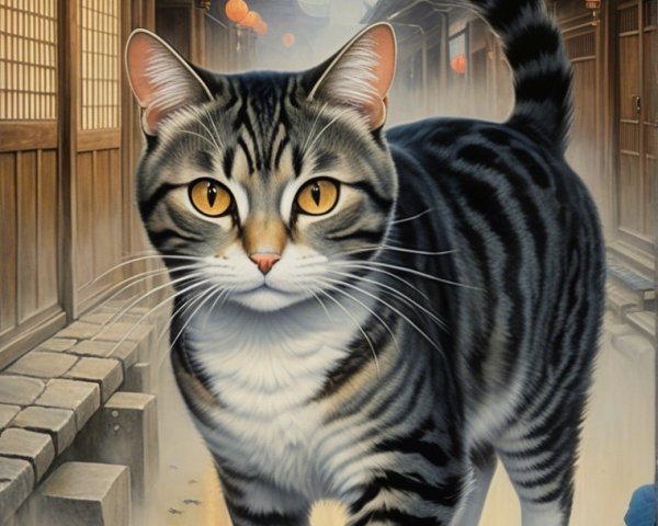Tabby Cat in Serene Alleyway with Lantern Light