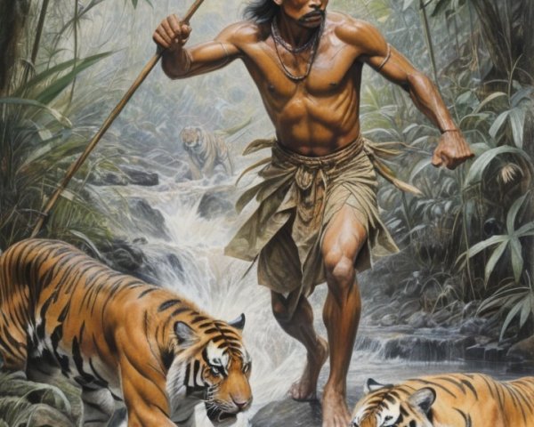 Muscular Man with Spear and Tigers in Jungle Setting