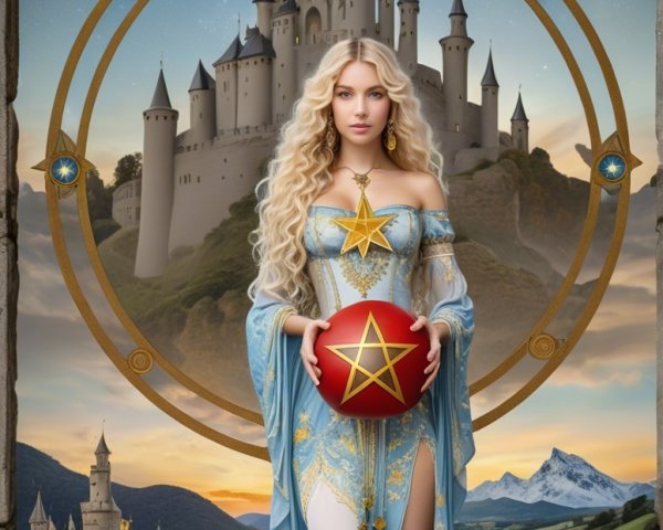 Mystical Figure in Blue Gown with Castle Background