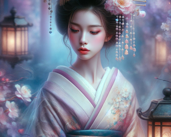 Young Woman in Kimono in Ethereal Landscape