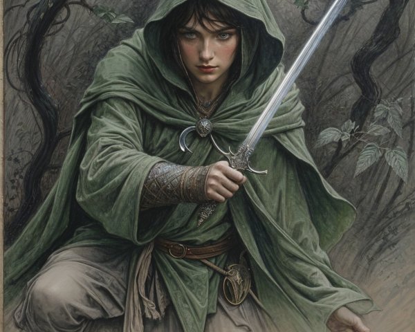 Young hooded figure with sword in lush greenery