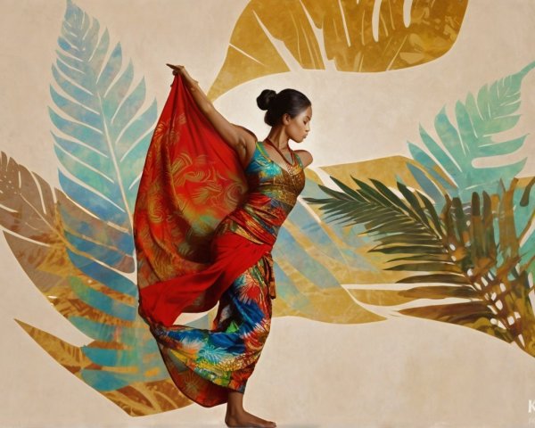 Graceful dancer in vibrant traditional attire with foliage