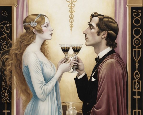 Art Nouveau Couple Toasting with Ornate Goblets