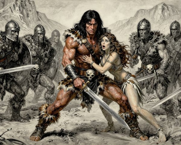 Conan the Barbarian Facing a Mob in Dramatic Artwork