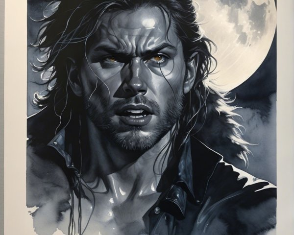 Watercolor Artwork of Man with Wolves and Full Moon