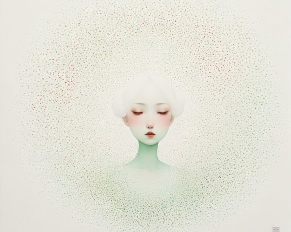 Ethereal Figure with Tranquil Expression and Dot Patterns