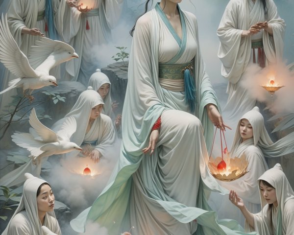 Serene Scene of Women in Rituals with Lanterns and Doves