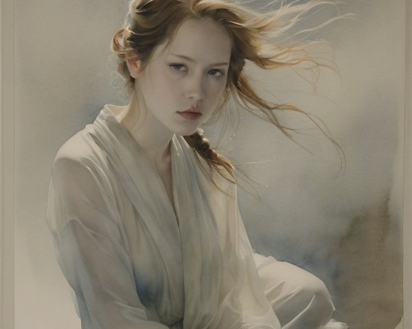 Serene portrait of a young woman in flowing white garment