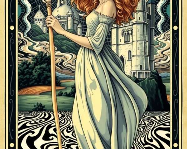 Mystical figure in white gown with ornate wand in landscape