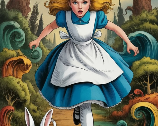 Young girl in blue dress with white rabbit in fantasy landscape