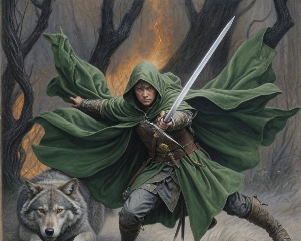 Cloaked Warrior and Wolf in Forest Setting