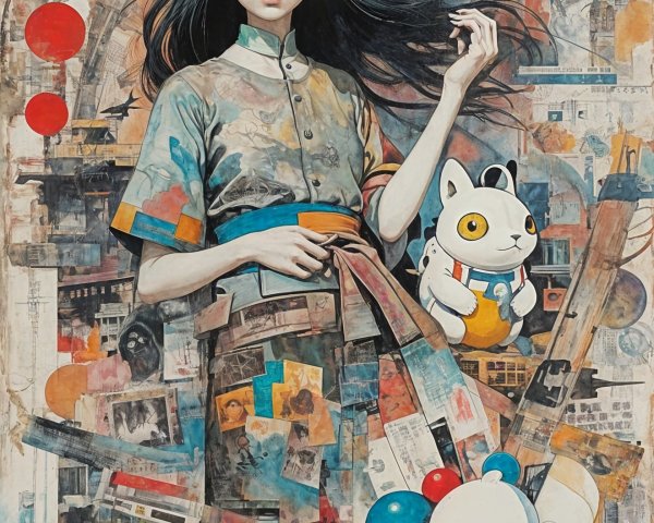 Young Woman in Vintage Dress with Plush Bear and Collage