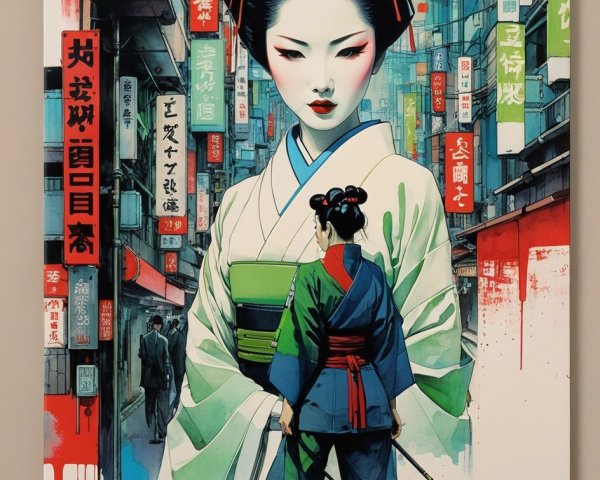 Japanese-inspired artwork featuring a Geisha and warrior