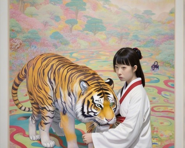 Young Woman with Tiger in Surreal Colorful Landscape