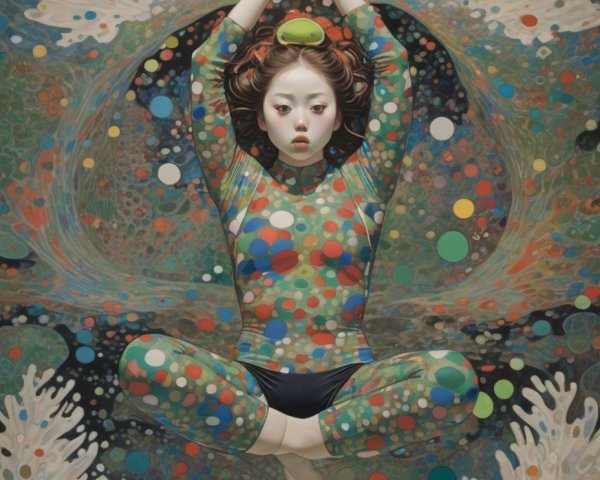 Young woman meditating in colorful polka-dot outfit