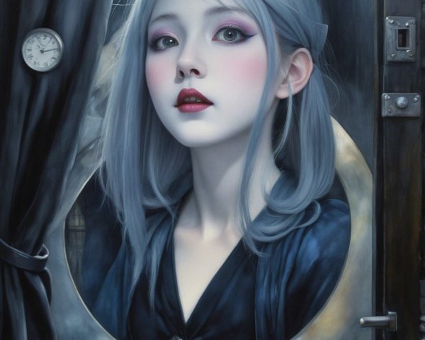 Young woman with blue hair in vintage mirror scene