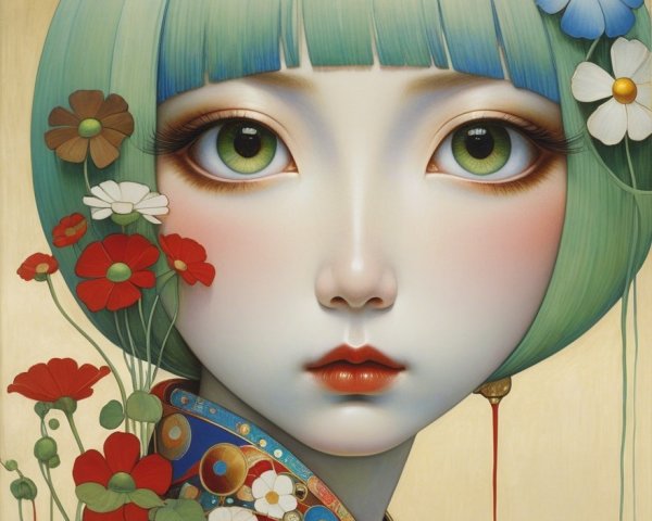 Portrait of a Young Woman with Colorful Floral Garment