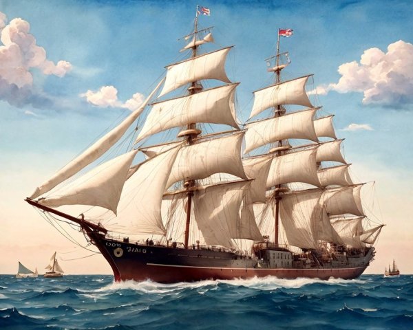 Majestic Three-Masted Sailing Ship on Calm Waters