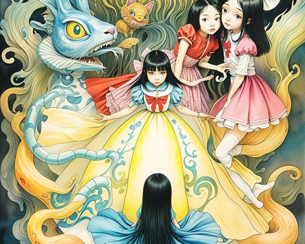 Whimsical Illustration of Girls and Fantastical Creatures