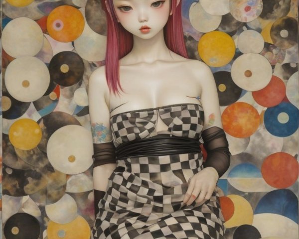 Stylized Figure with Pink Hair Against Colorful Background