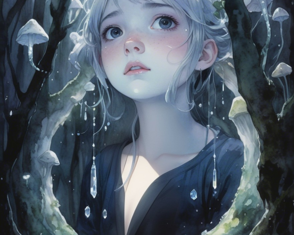 Mystical forest scene with a curious girl and frog