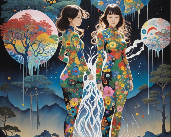 Vibrant Artwork of Women in Floral Bodysuits