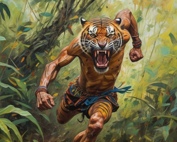 Muscular Tiger-Headed Figure Running in Jungle