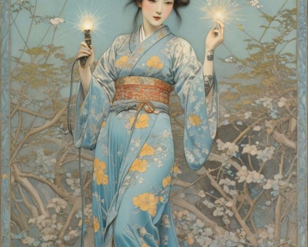 Serene Figure in Blue Kimono with Cherry Blossoms