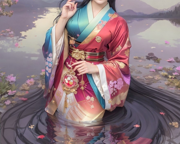 Ethereal figure in kimono by tranquil lake with lotus