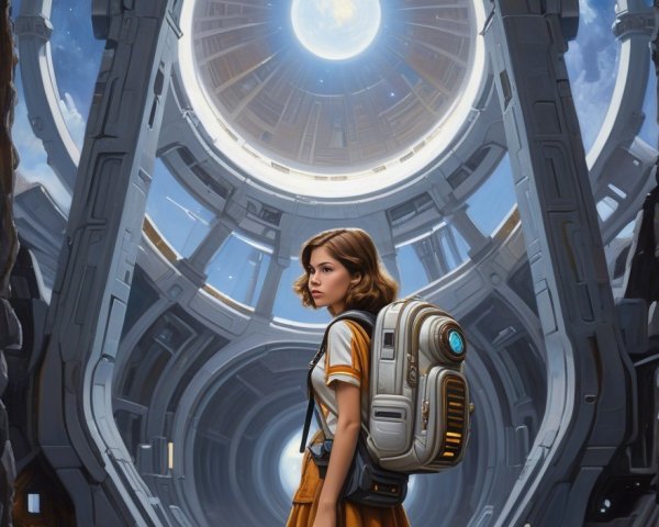 Young girl in futuristic corridor with skylight view