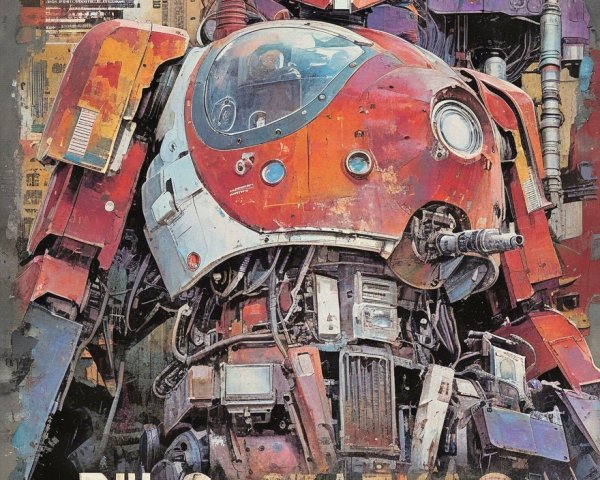 Detailed Illustration of a Mech Suit with Urban Background