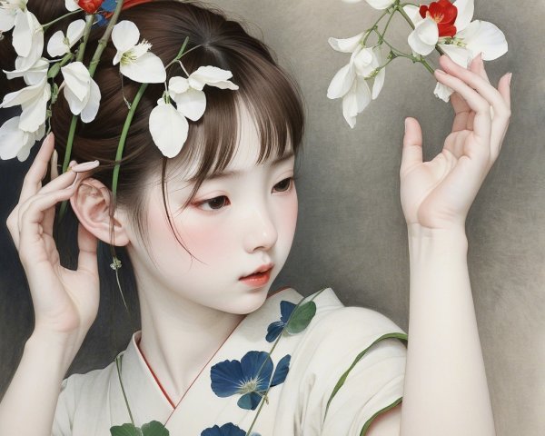 Young Woman in Traditional Kimono with Floral Accents