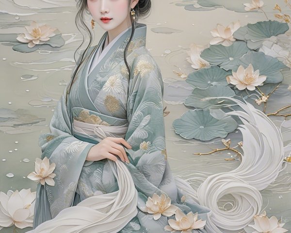Serene Woman in Elegant Kimono Surrounded by Nature
