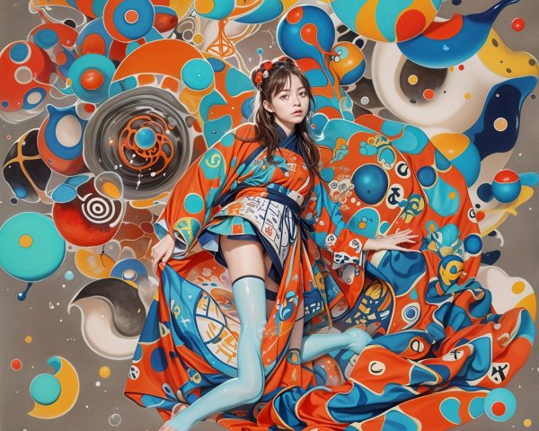 Young Woman in Colorful Kimono Against Abstract Backdrop