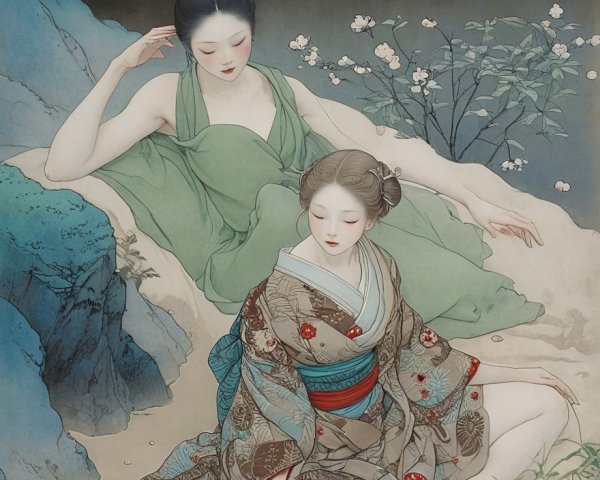 Serene Women in Nature with Cherry Blossoms and Moonlight