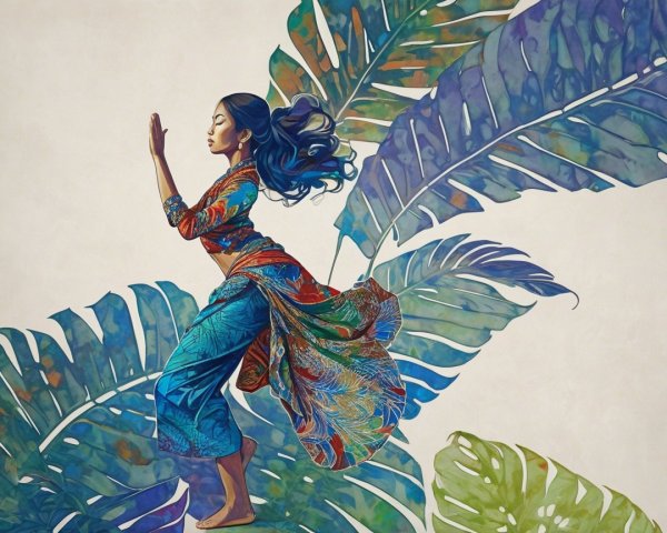 Vibrant Illustration of a Dancing Woman Amidst Nature