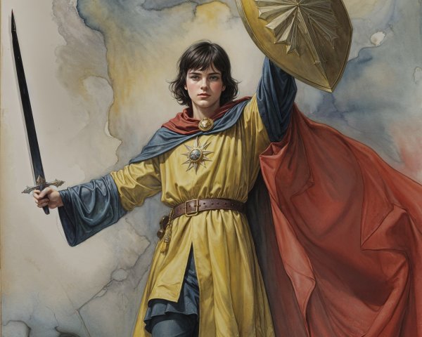 Watercolor Painting of a Young Warrior in Battle Gear