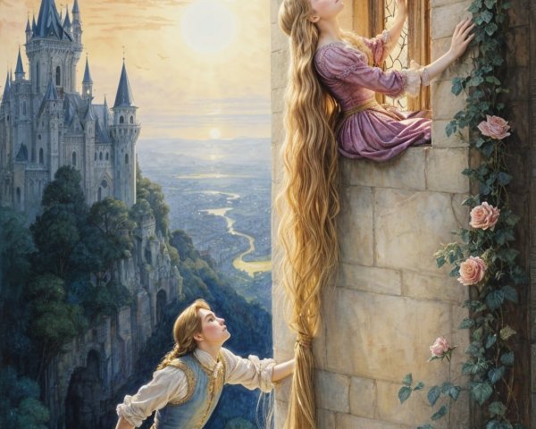 Fairy Tale Scene of Girl in Castle Tower at Sunset