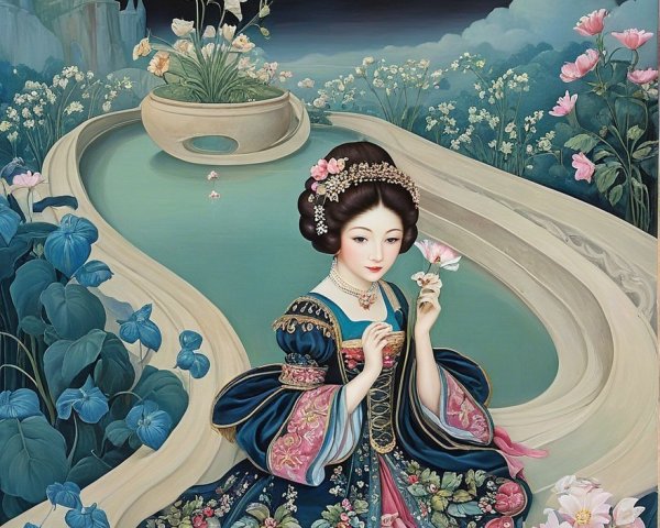Serene Night Scene with Floral Gown and Waterway