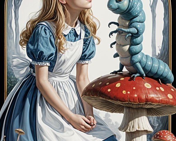 Young girl in blue dress observes blue caterpillar on mushroom