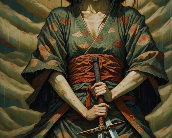 Fierce warrior in kimono with sword and fiery sun backdrop