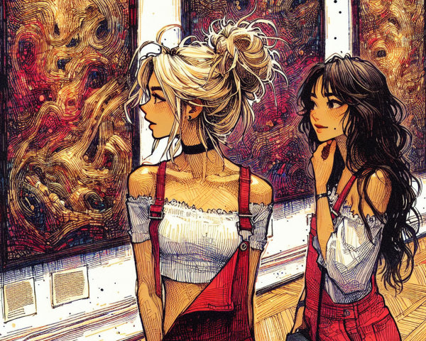 Young women admire abstract paintings in an art gallery