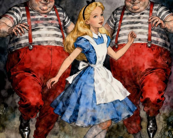 Watercolor Illustration of Alice with Tweedledee and Tweedledum