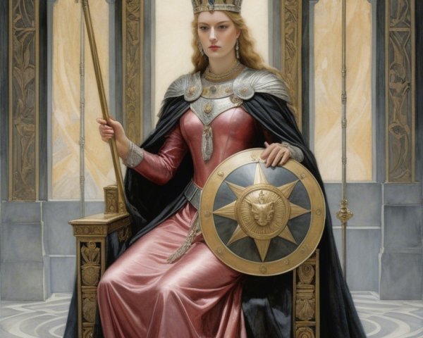 Regal queen on ornate throne with shield and spear