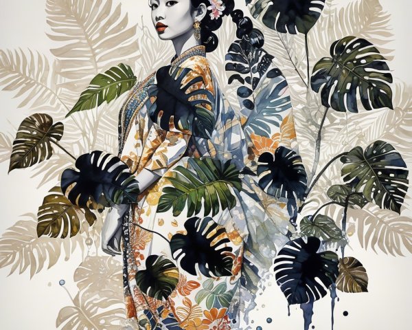 Woman in Traditional Garment Amid Tropical Foliage