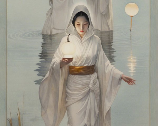 Three Figures in White Robes by Tranquil Water Scene